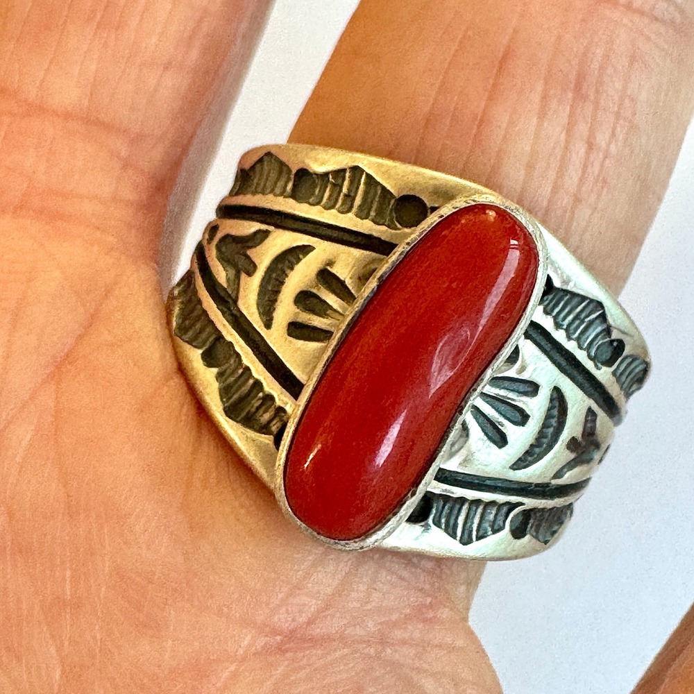 Navajo Red Coral Band Sz 10 Ring Signed Francis Sterling Native Amer USA